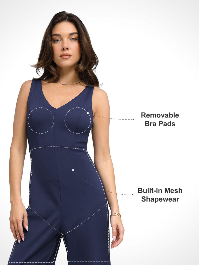 Popilush? Casual Jumpsuit Summer Outfits V Neck Wide-Leg Sleeveless Shapewear Jumpsuit