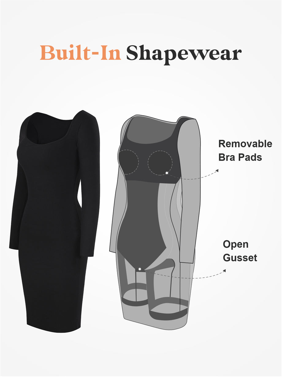 Wholesale Square-neck Long-sleeve Bodycon Bulit-in Shapewear Dress