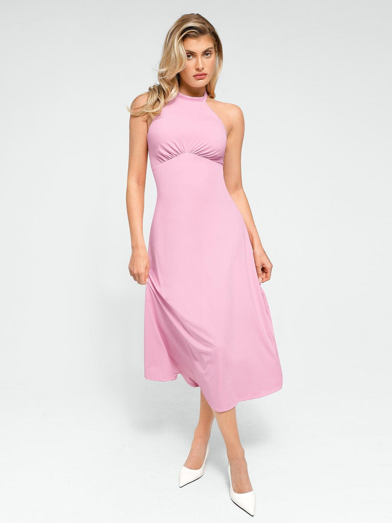 Popilush? Bodycon Summer Dress Low Back Built-In Shapewear Halter A-Line Sleeveless Midi Dress