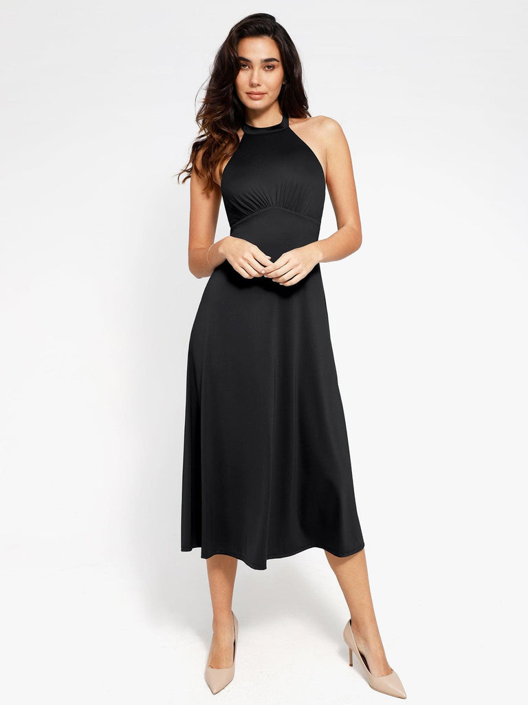 Popilush? Built-In Shapewear Halter A-Line Sleeveless Midi Dress