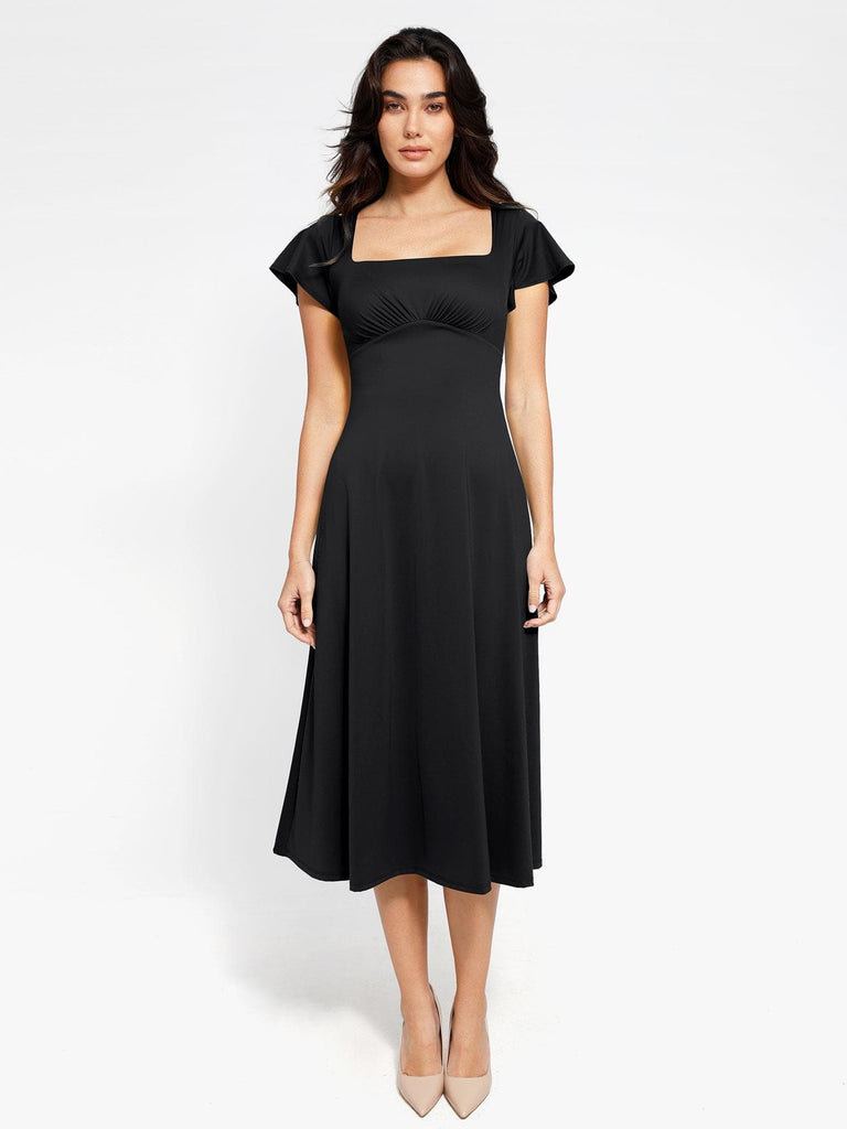 Popilush? Built-In Shapewear A-Line Square Neck Midi Dress