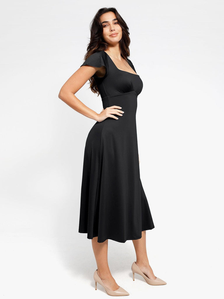 Popilush? Built-In Shapewear A-Line Square Neck Midi Dress