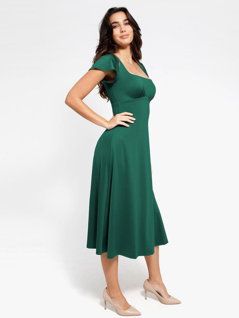 Popilush? Built-In Shapewear A-Line Square Neck Midi Dress