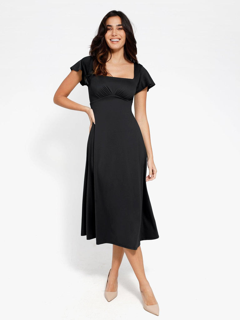 Popilush? Built-In Shapewear A-Line Square Neck Midi Dress