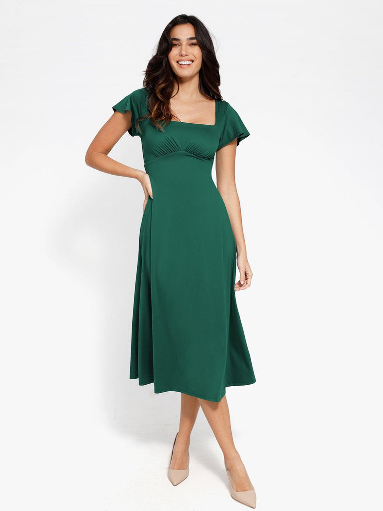 Popilush? Built-In Shapewear A-Line Square Neck Midi Dress