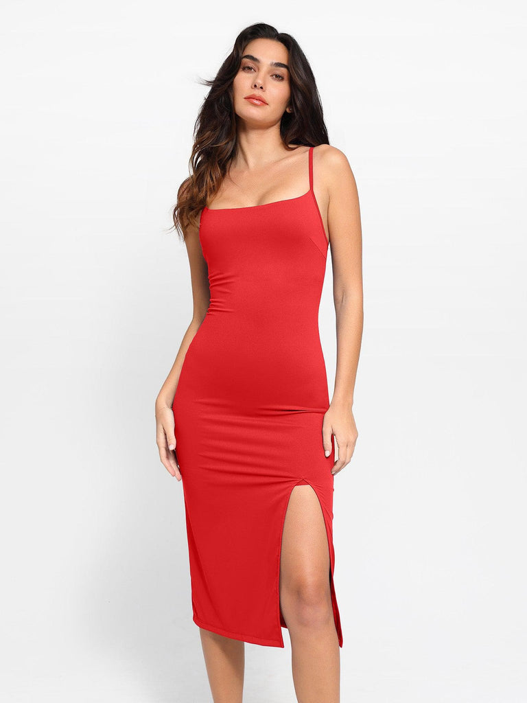 Popilush? Formal Bodycon Party Summer Dress Built-In Shapewear Sheer Mesh Slip Split Midi Dress Set