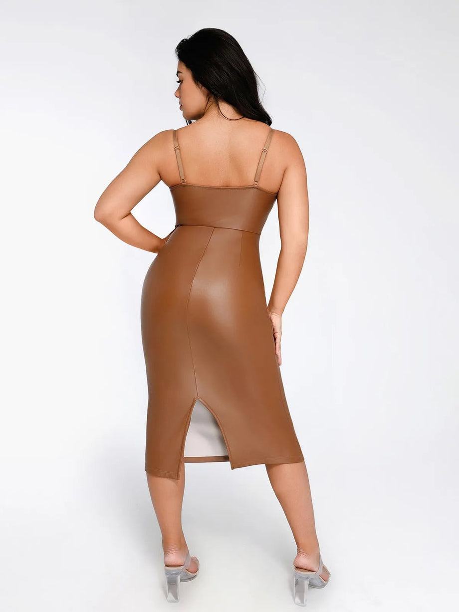 Shapewear Faux Leather Hourglass Corset Midi Dress Shapewear Faux Leather Hourglass Corset Midi Dress