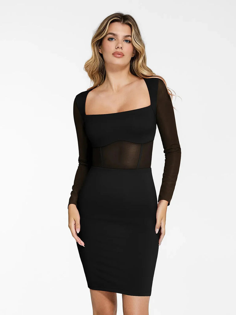 New arrivals Black / XS The Shapewear Dress Sculpting Long Sleeve Mesh Midi