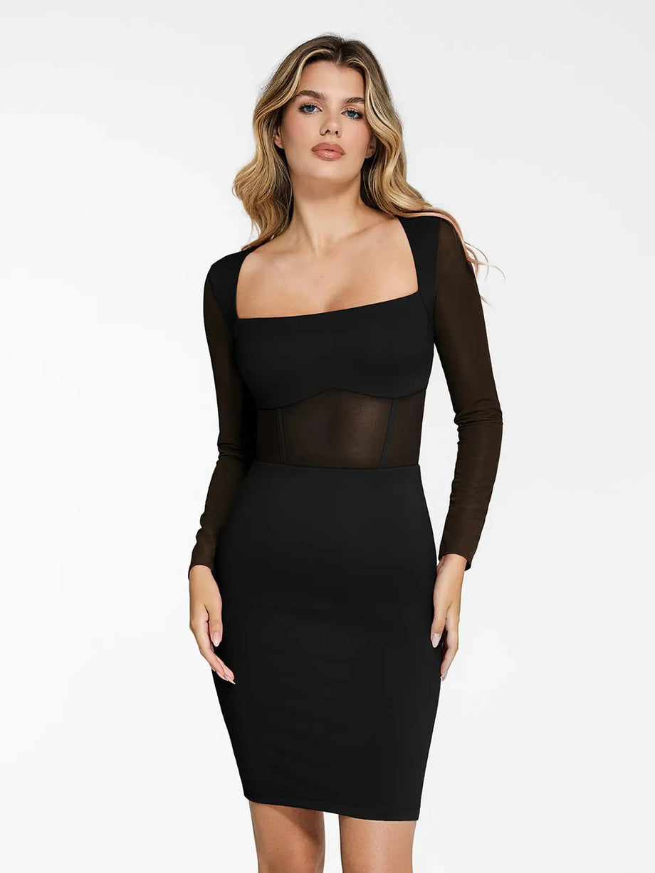 black mesh dress uk The Shapewear Dress Sculpting Long Sleeve Mesh Midi