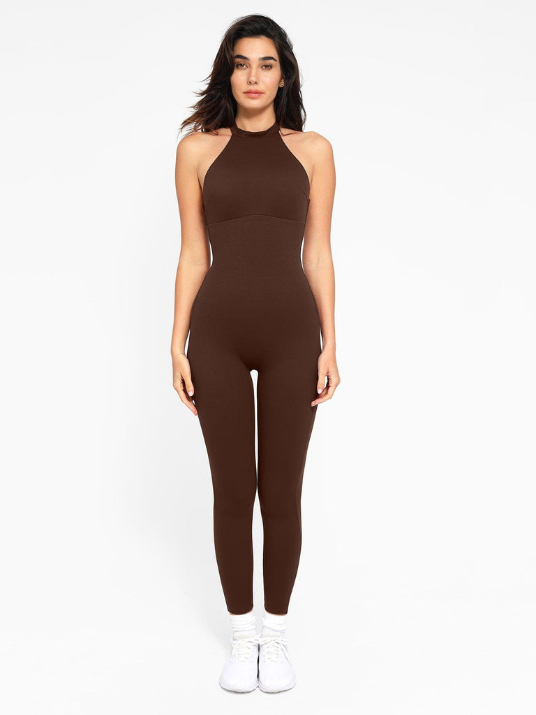 Popilush? Yoga Gym One Piece Workout Jumpsuit Summer Outfits Brown / XS Built-In Shapewear Halter Jumpsuit