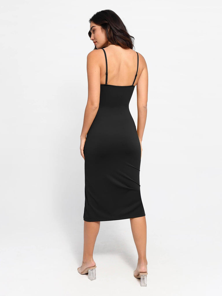 Popilush? Built-In Shapewear Sheer Mesh Slip Split Midi Dress