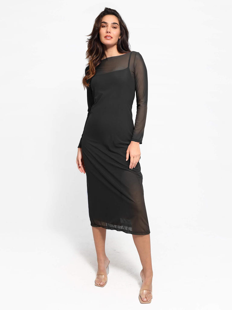 Popilush? Built-In Shapewear Sheer Mesh Slip Split Midi Dress