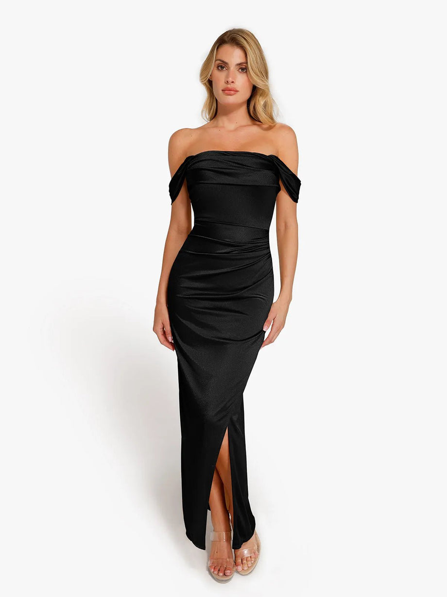 off the shoulder dress uk Shapewear Off Shoulder Shine Ruched Sculpting Maxi Dress