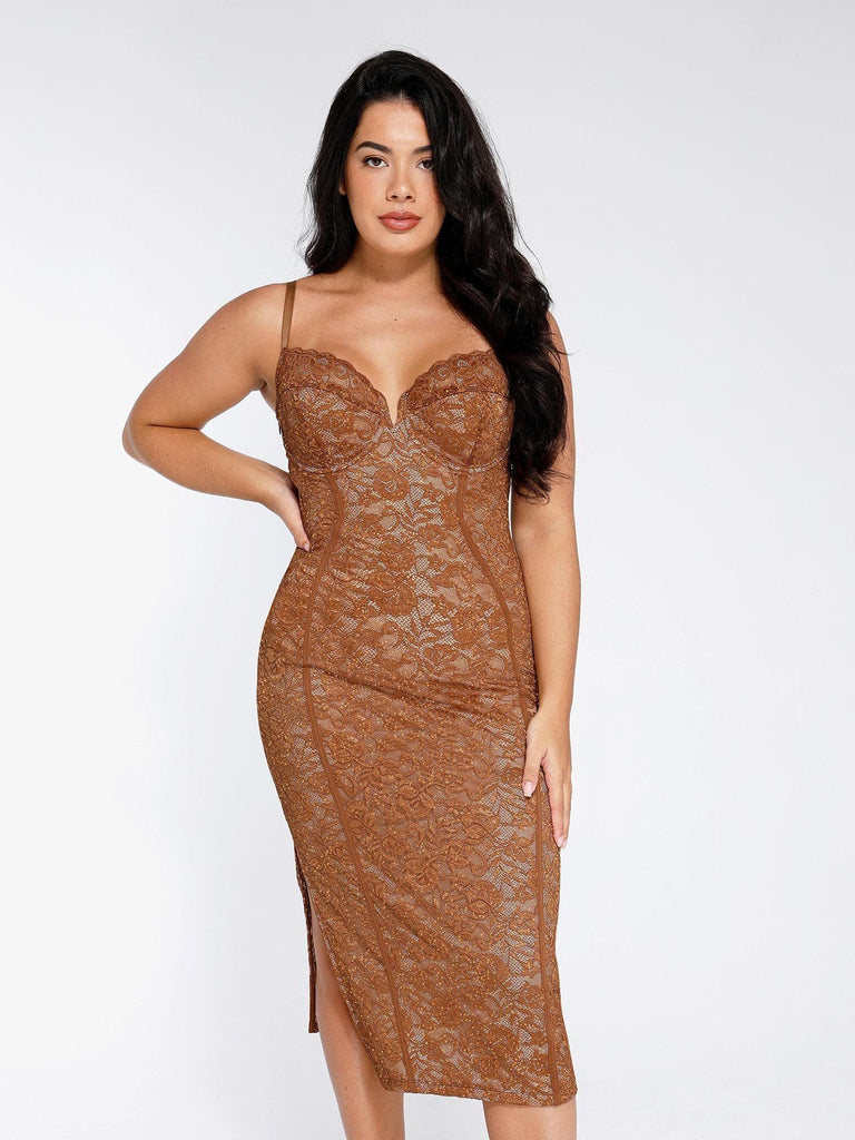 Popilush? Formal Bodycon Party Summer Cocktail Gown Brown / XS The Lace Shapewear Dress Corset Style Midi