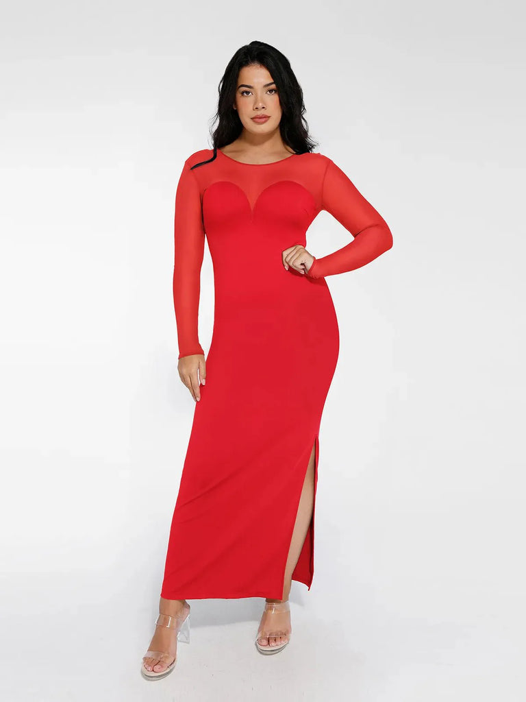 Popilush? Formal Bodycon Party Cocktail Backless Gown Winter Red / L The Shapewear Dress Long Sleeve Sheer Mesh Maxi