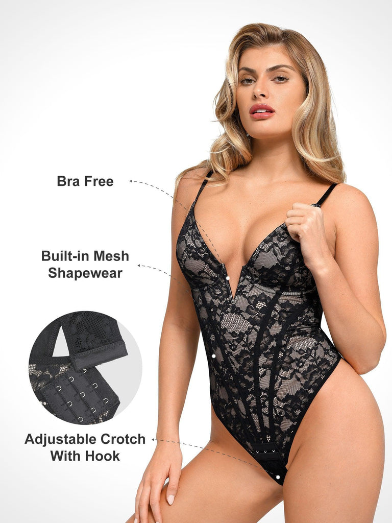 Popilush? Built-In Shapewear Deep-V Neck Lace Thong Bodysuit