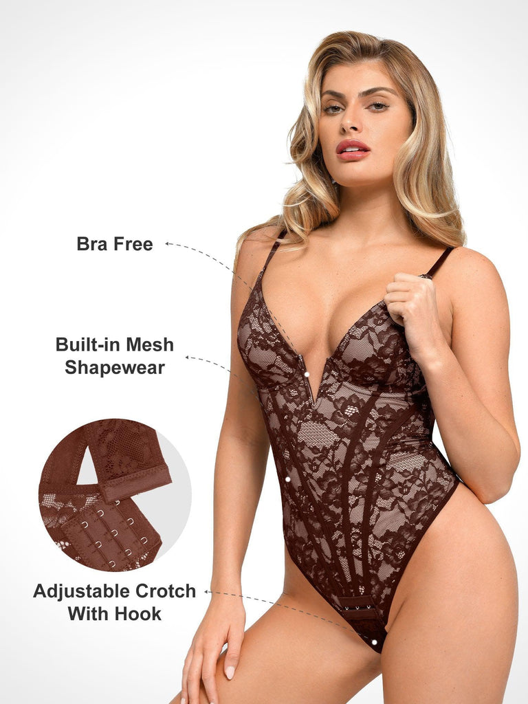 Popilush? Built-In Shapewear Deep-V Neck Lace Thong Bodysuit