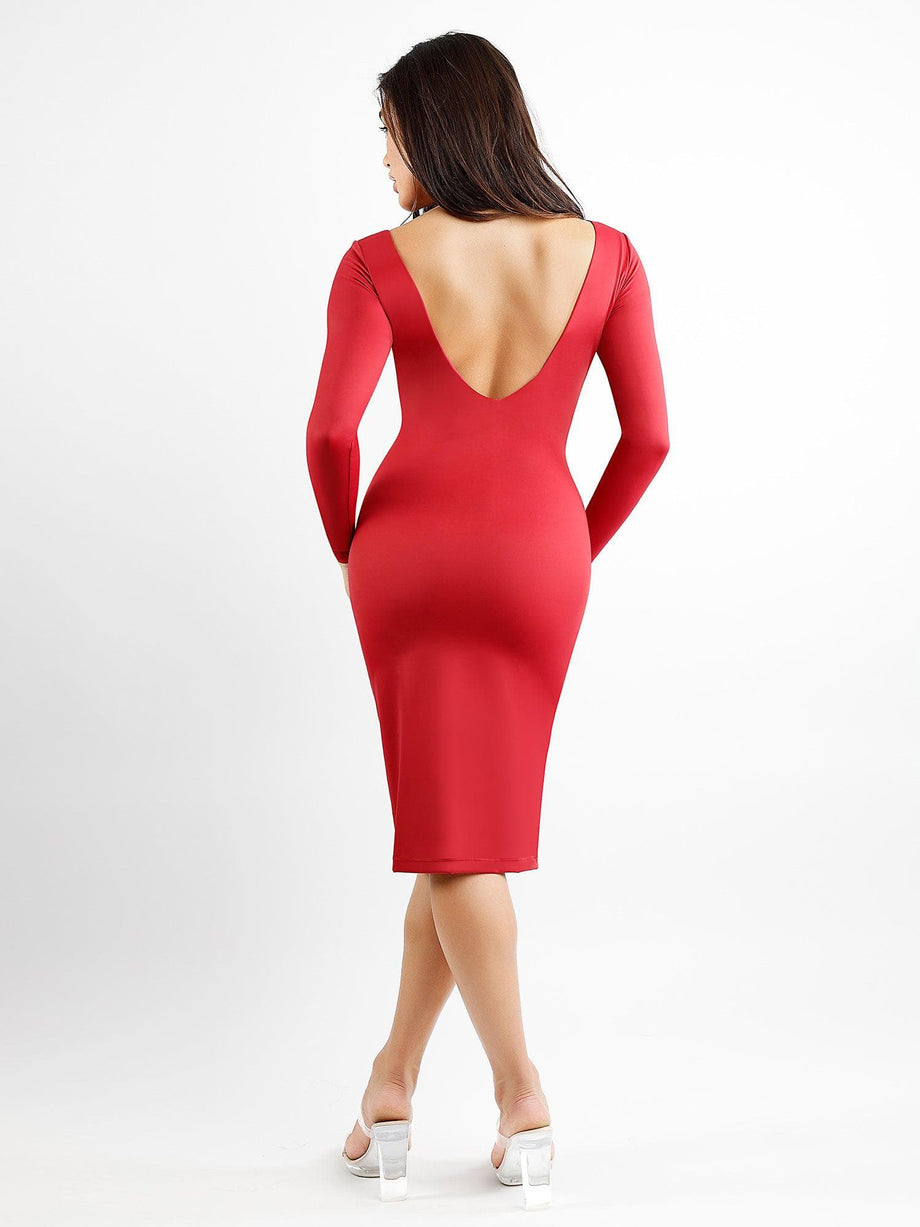 Built-In Shapewear Long Sleeve Crew Neck Backless Midi Dress