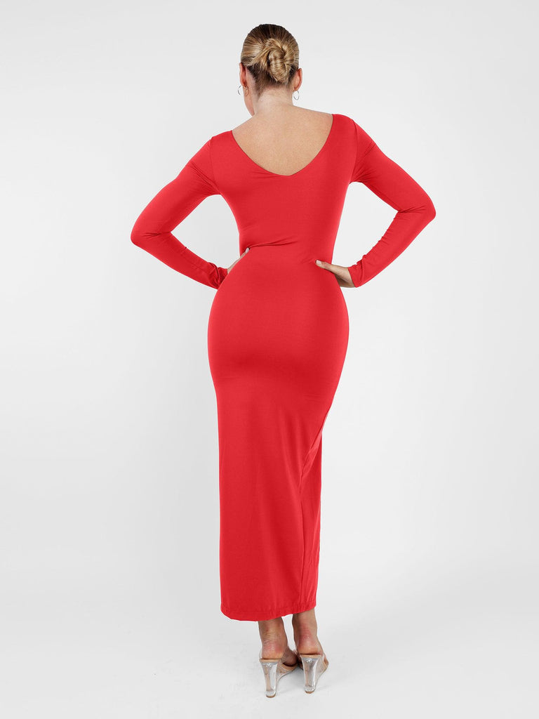 Popilush? Built-In Shapewear Long Sleeve V-neck Split Maxi Dress