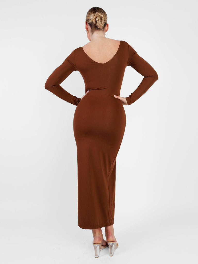 Popilush? Built-In Shapewear Long Sleeve V-neck Split Maxi Dress