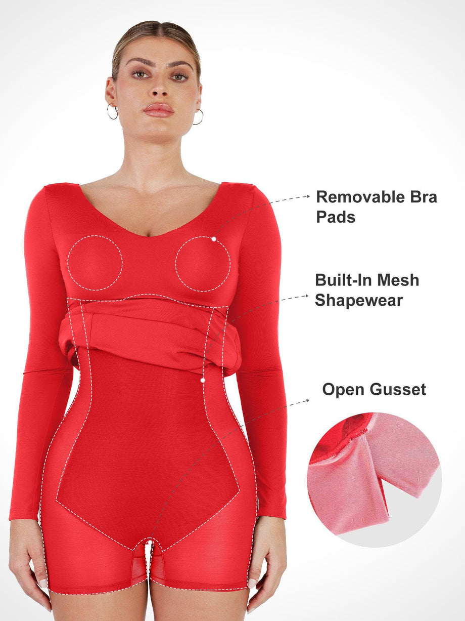 Popilush Shaper Long Sleeve Twist Deep V-Neck Maxi Dress Built