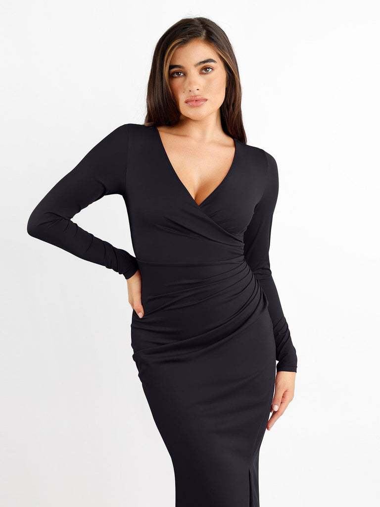 Popilush? Formal Bodycon Party Dress Built-In Shapewear Ruched Long Sleeve Split Midi Dress