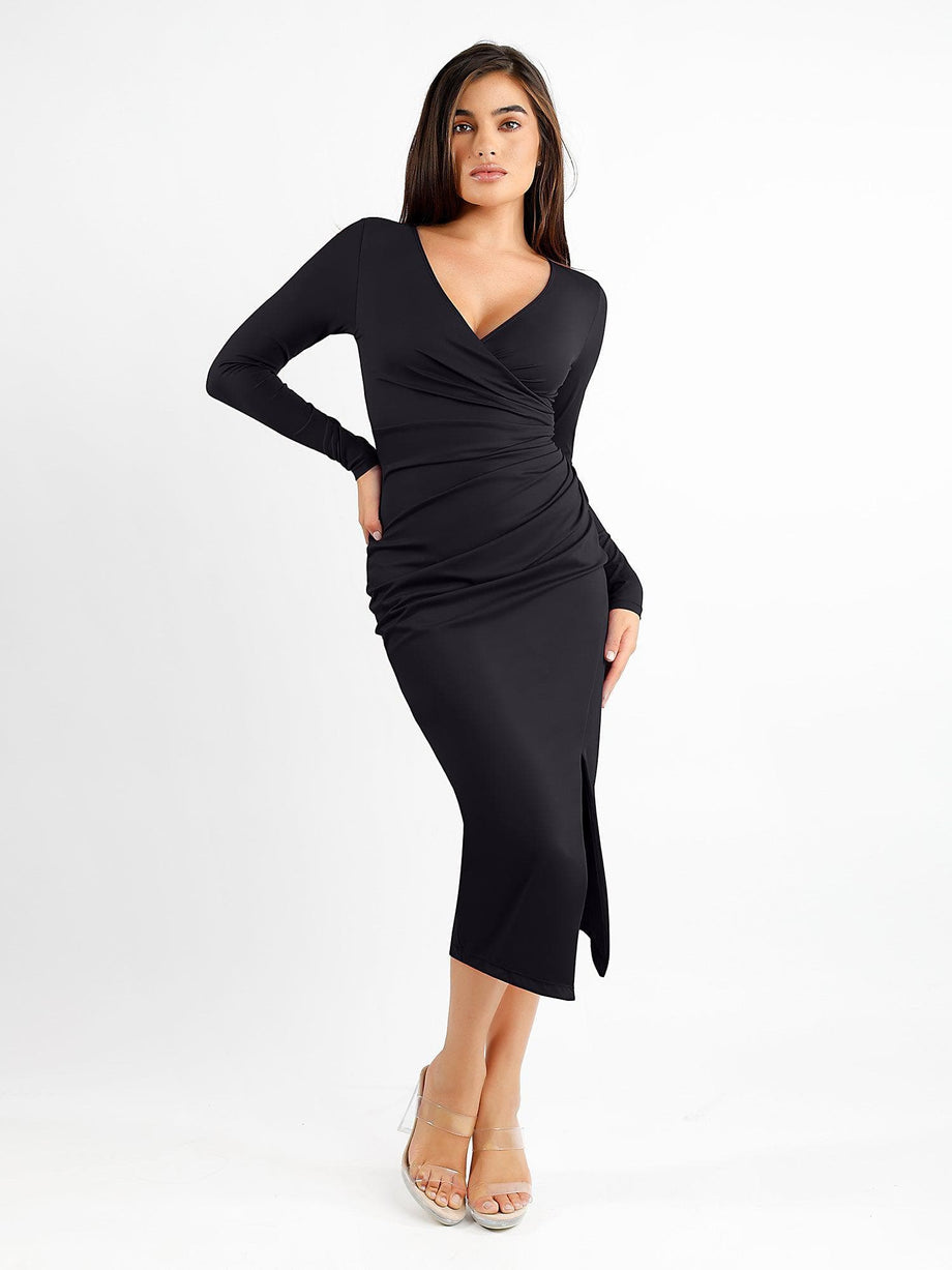 Built-In Shapewear Ruched Long Sleeve Split Midi Dress Built-In Shapewear Ruched Long Sleeve Split Midi Dress