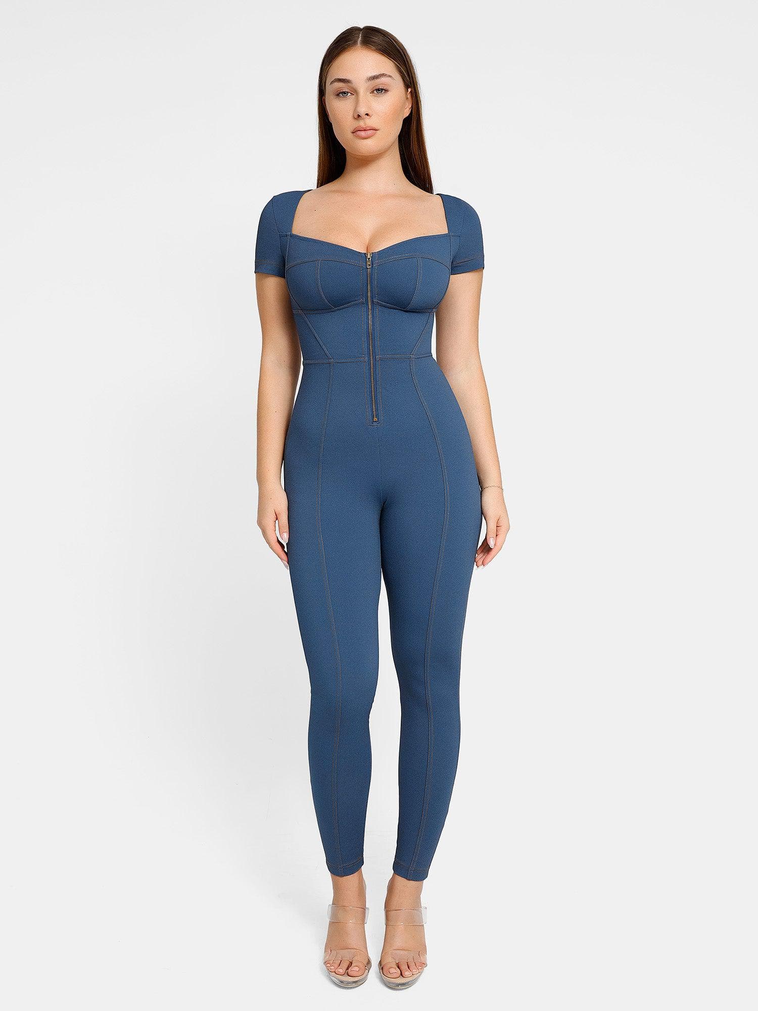 Built-In Shapewear Denim Jumpsuit With Zipper | Popilush