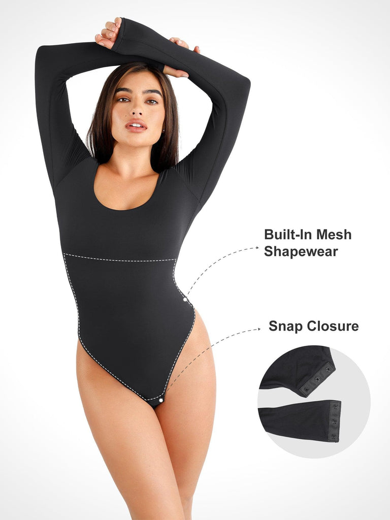 Womens V Neck Sexy Long Sleeve Shapewear Ultralight Bodysuit Body