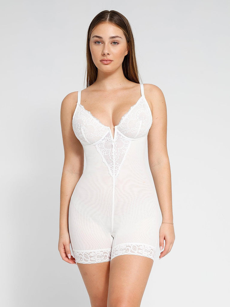 Popilush Sexy Lace Deep-V Neck Mid Thigh Bodysuit