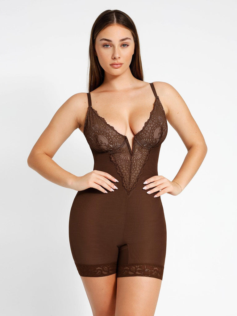 Popilush Sexy Lace Deep-V Neck Mid Thigh Bodysuit