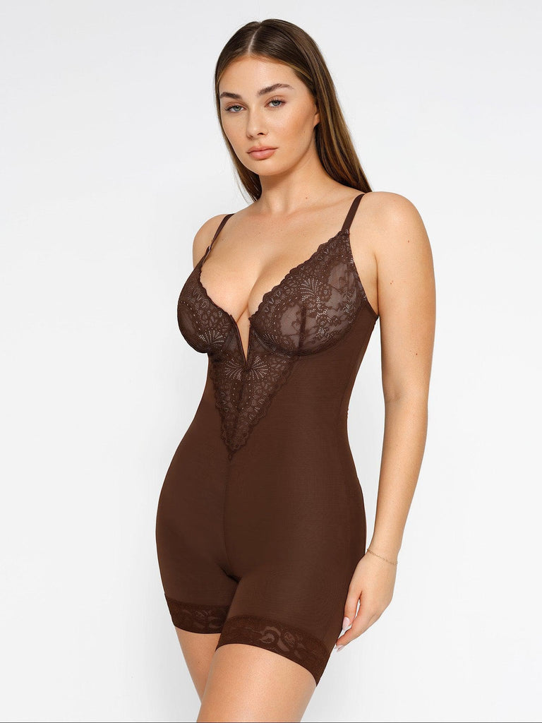 Popilush Sexy Lace Deep-V Neck Mid Thigh Bodysuit