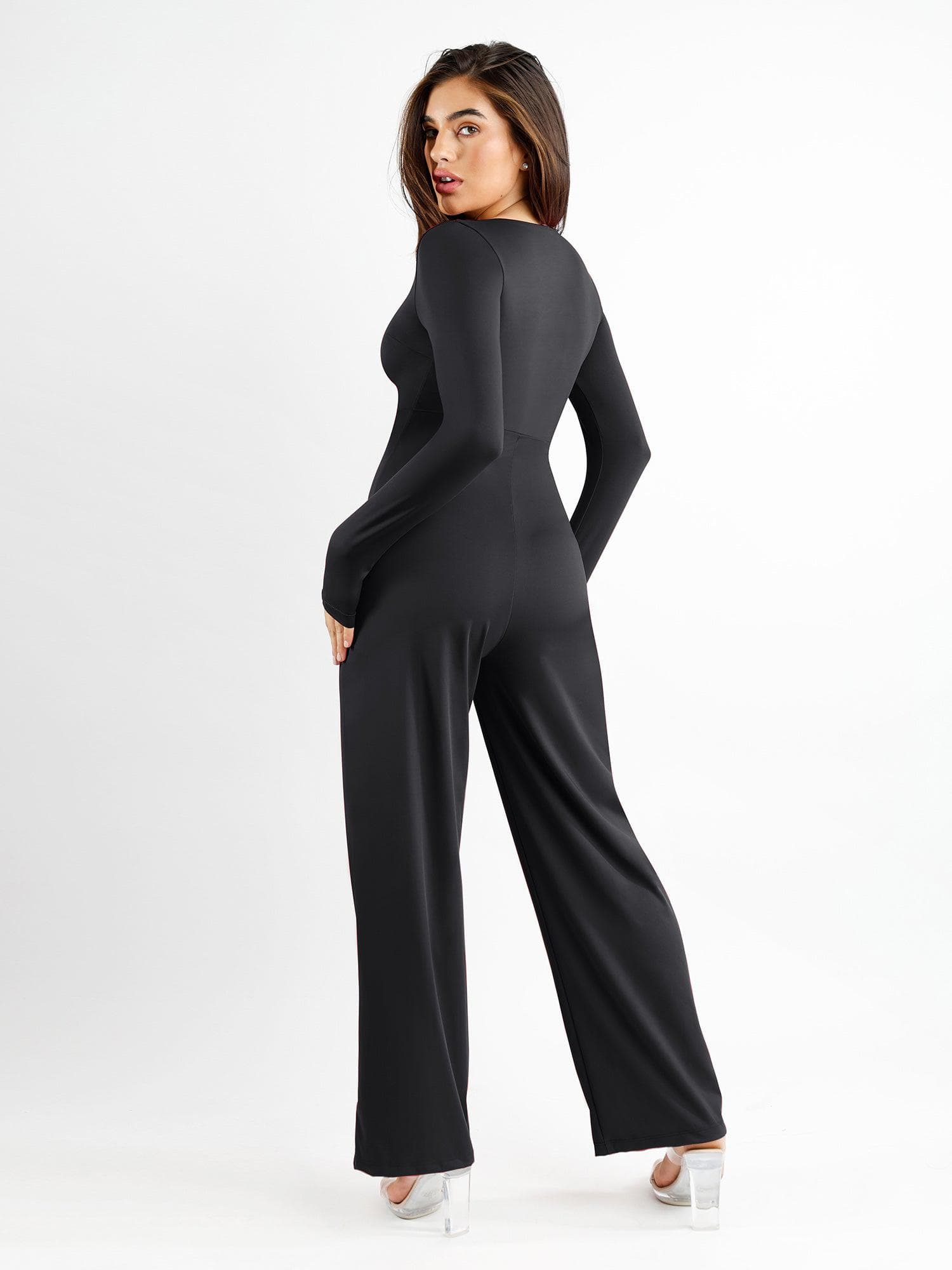 Womens One Piece Square Neck Long Sleeve Wide Leg Pants Rompers